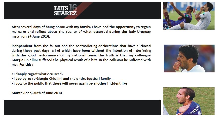 Luiz Suarez Apologises to Chiellini & the Public
