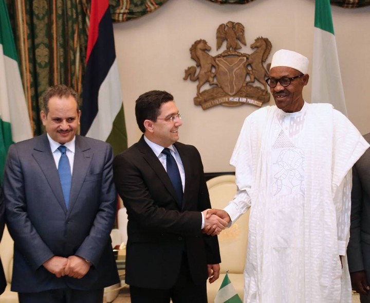 R-L; President Muhammadu Buhari, Delegate to the Minister of Foreign Affairs and Cooperation, and Moroccan Special Envoy. H.E. Nasser Bourita, Director Yassine Mansouri and Morrocan Ambassador to Nigeria, Mr Mosidfa Bouh at the State House in Abuja.  JULY 14, 2016