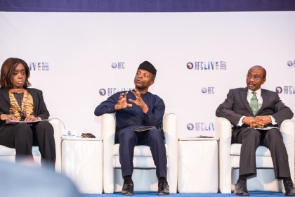 Hon. Min of Finance Kemi Adeosun; Ag President Yemi Osinbajo and CBN Governor, Godwin Emefiele at the on-going AFC Live panel of discussion in Abuja. 16th May 2017. Photo: Novo Isioro.